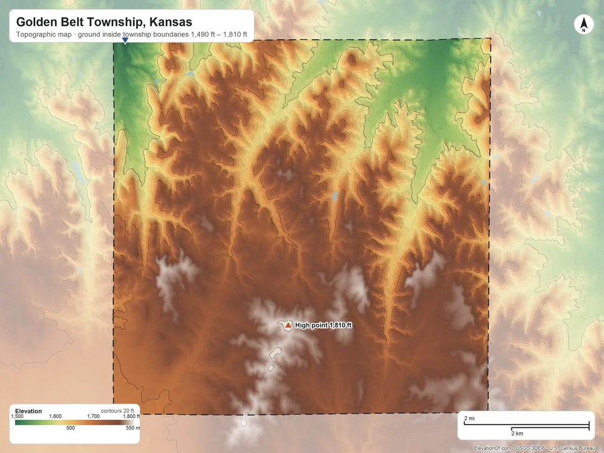 Topographic elevation map of Golden Belt Township, Kansas, shaded from 1,490 ft on the northwest side to 1,810 ft on the southwest side