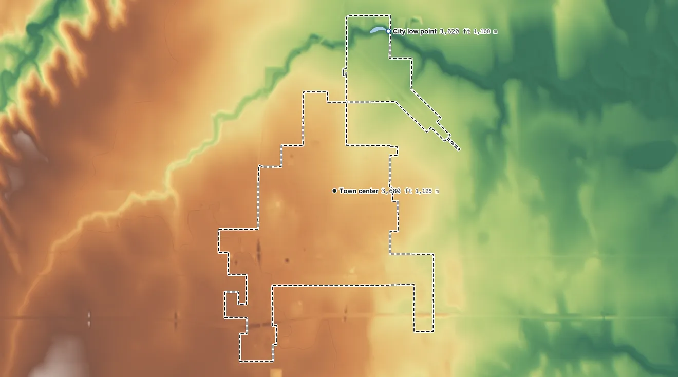 Topographic elevation map of Goodland, Kansas, shaded from 3,620 ft on the north side to 3,750 ft on the west side