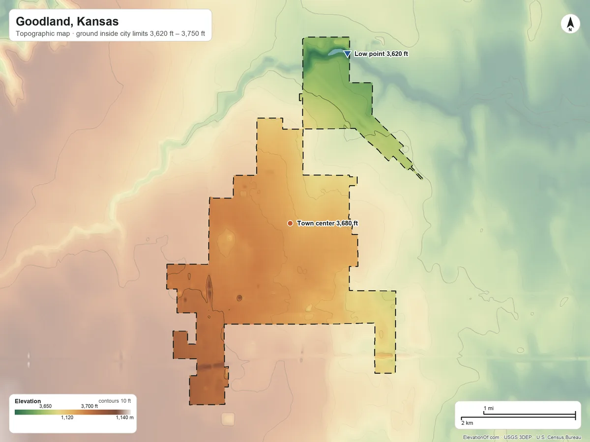 Topographic elevation map of Goodland, Kansas, shaded from 3,620 ft on the north side to 3,750 ft on the west side