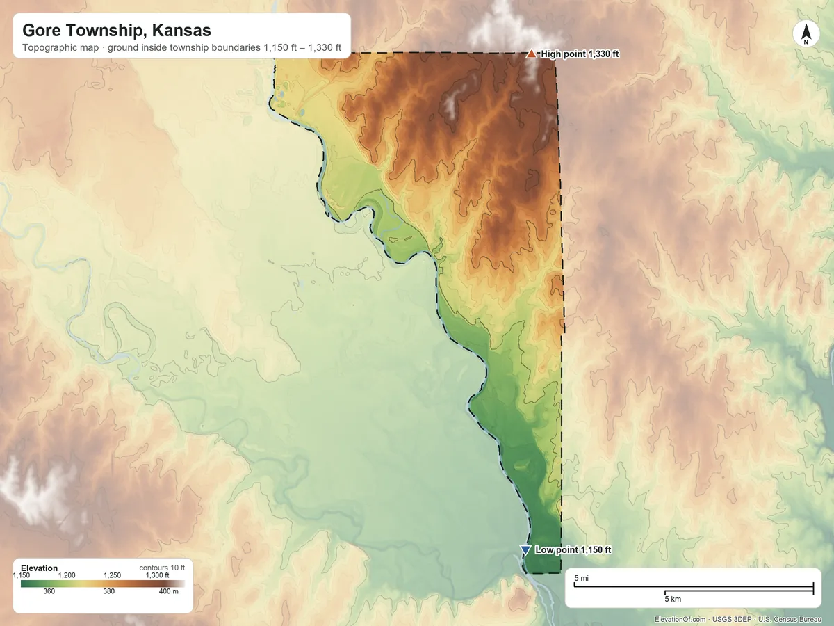 Topographic elevation map of Gore Township, Kansas, shaded from 1,150 ft on the south side to 1,330 ft on the east side