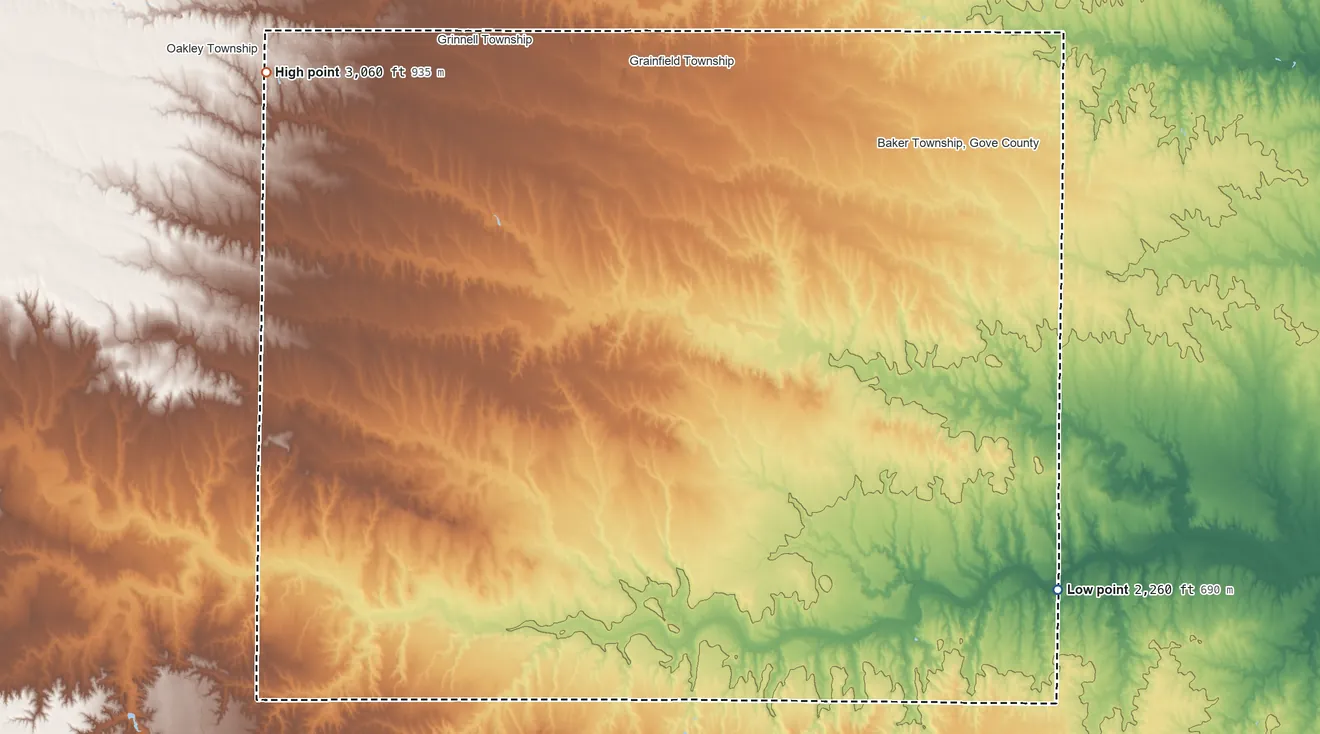 Topographic elevation map of Gove County, Kansas, shaded from 2,260 ft on the southeast side to 3,060 ft on the northwest side