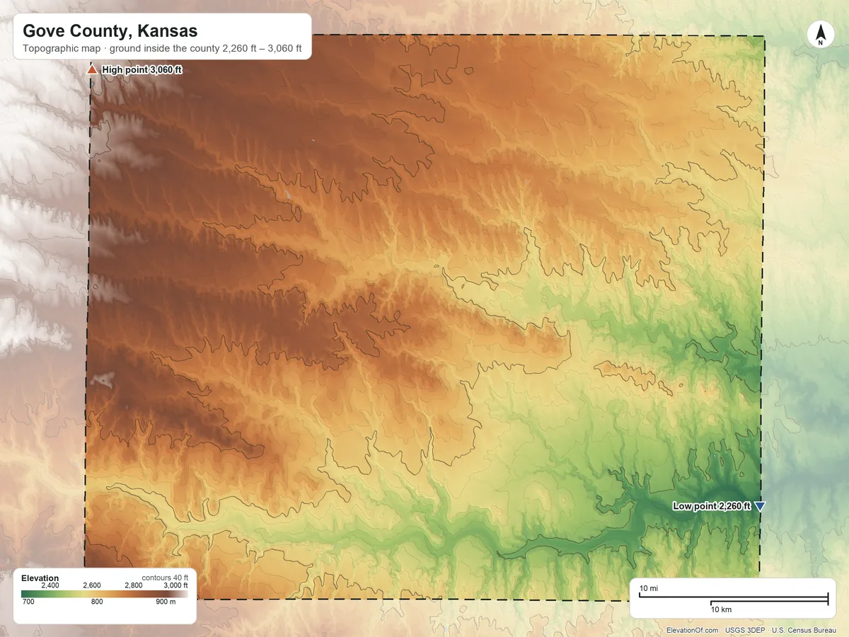 Topographic elevation map of Gove County, Kansas, shaded from 2,260 ft on the southeast side to 3,060 ft on the northwest side