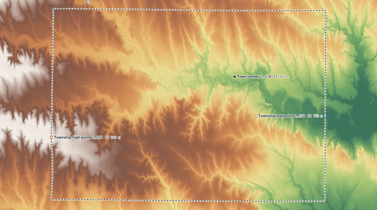 Topographic elevation map of Gove Township, Kansas, shaded from 2,550 ft on the southeast side to 2,890 ft on the west side