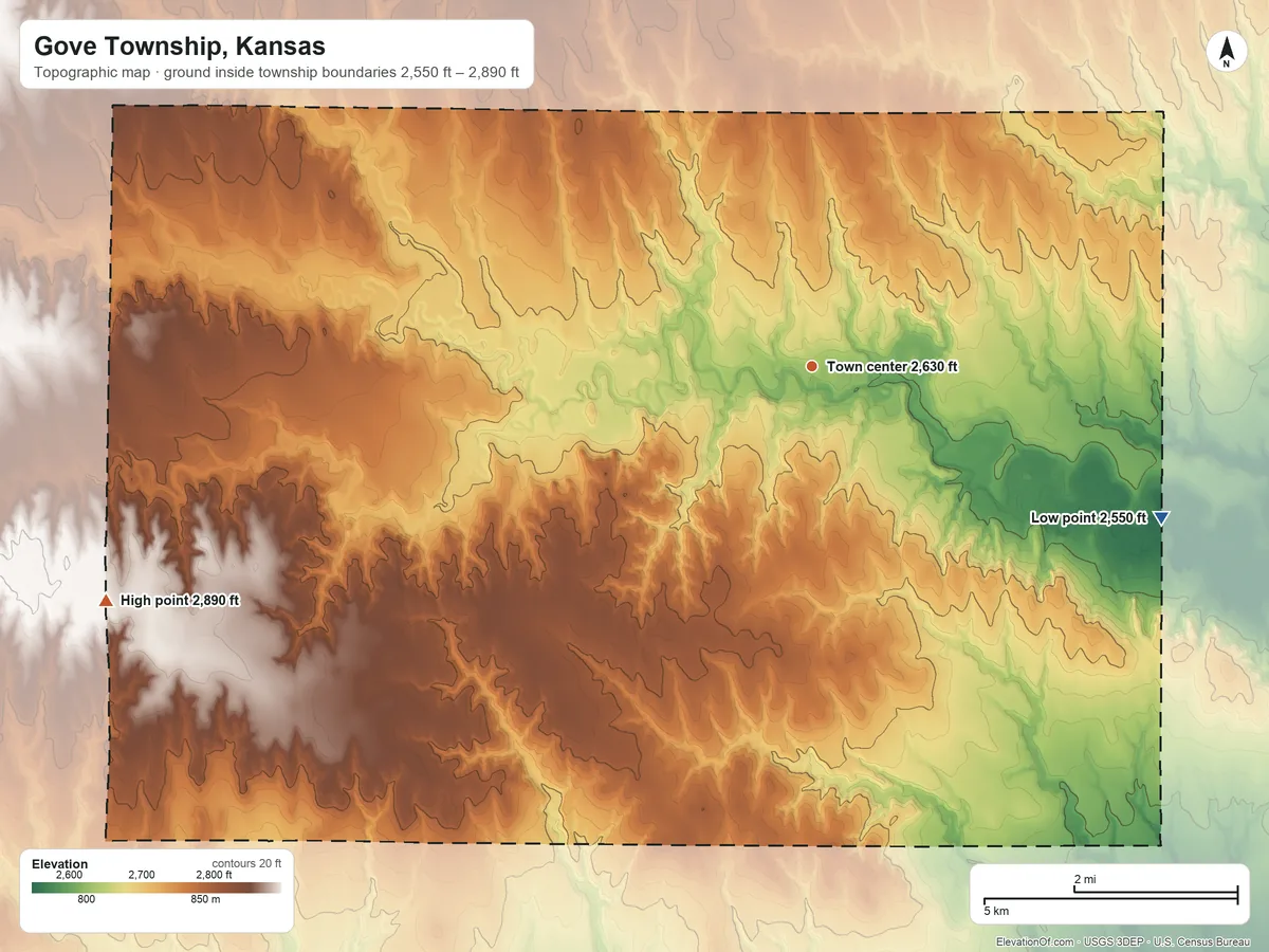Topographic elevation map of Gove Township, Kansas, shaded from 2,550 ft on the southeast side to 2,890 ft on the west side