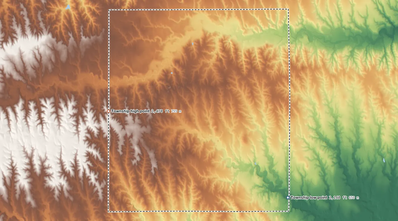 Topographic elevation map of Graham Township, Kansas, shaded from 2,140 ft on the southeast side to 2,470 ft on the west side