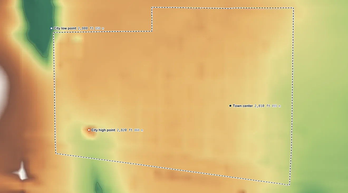 Topographic elevation map of Grainfield, Kansas, shaded from 2,800 ft on the northwest side to 2,820 ft on the west side