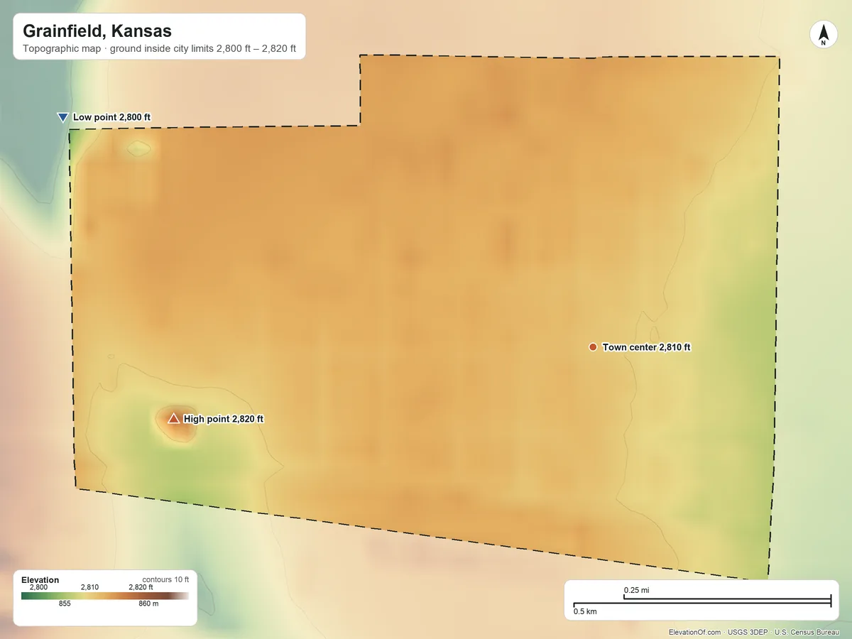 Topographic elevation map of Grainfield, Kansas, shaded from 2,800 ft on the northwest side to 2,820 ft on the west side