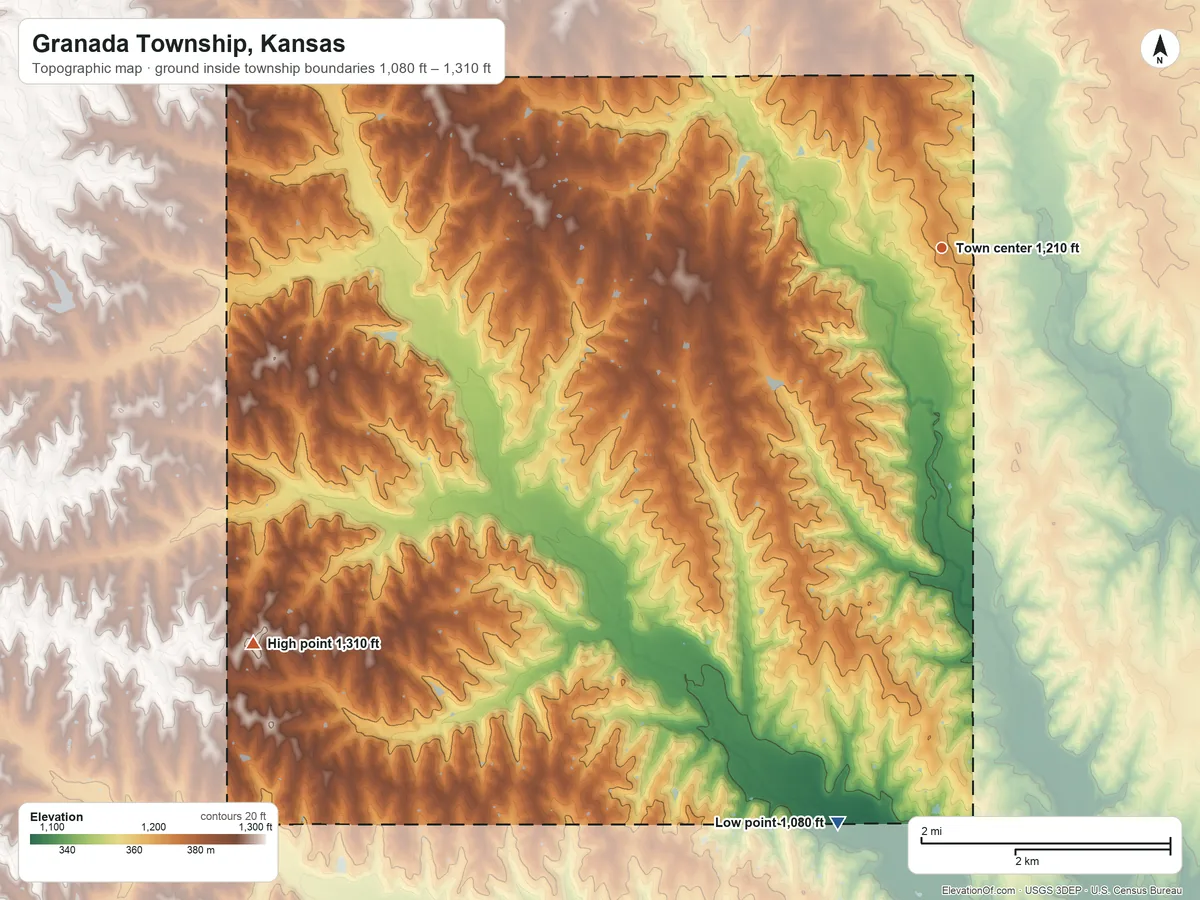 Topographic elevation map of Granada Township, Kansas, shaded from 1,080 ft on the south side to 1,310 ft on the southwest side