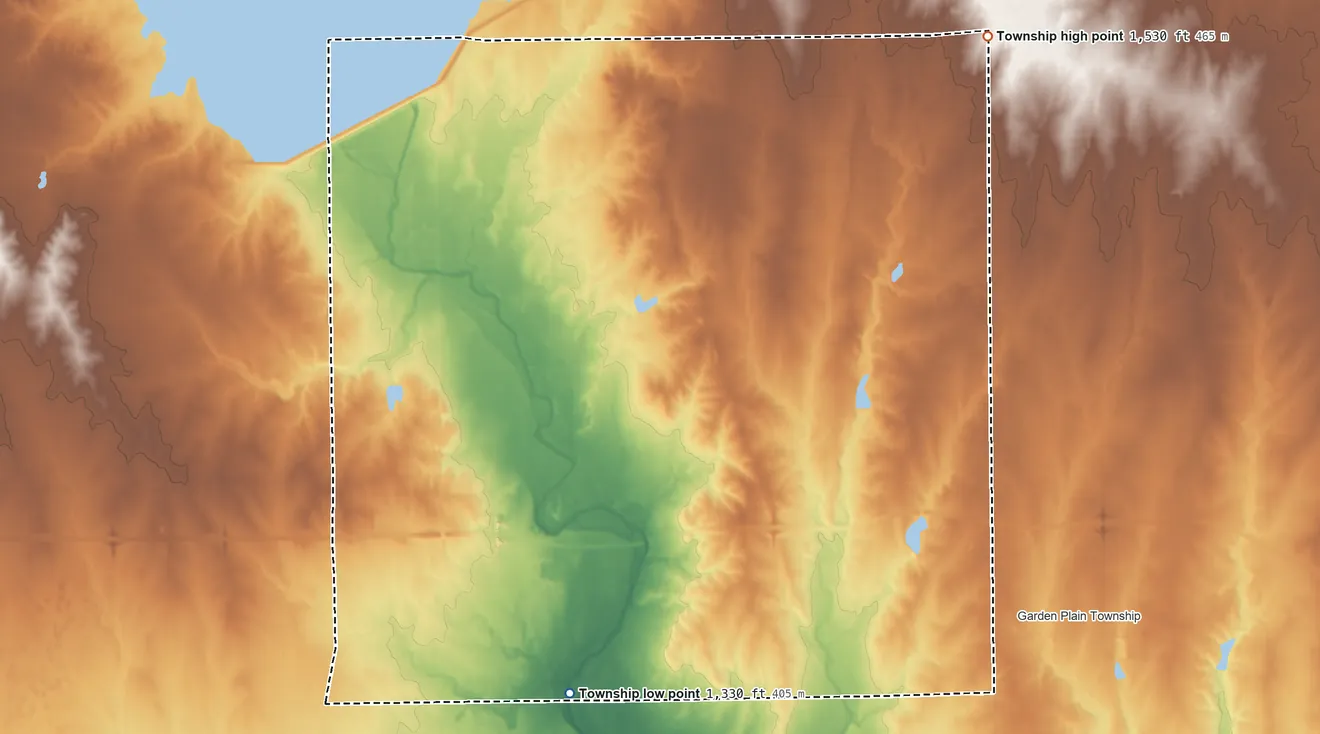 Topographic elevation map of Grand River Township, Kansas, shaded from 1,330 ft on the southwest side to 1,530 ft on the northeast side
