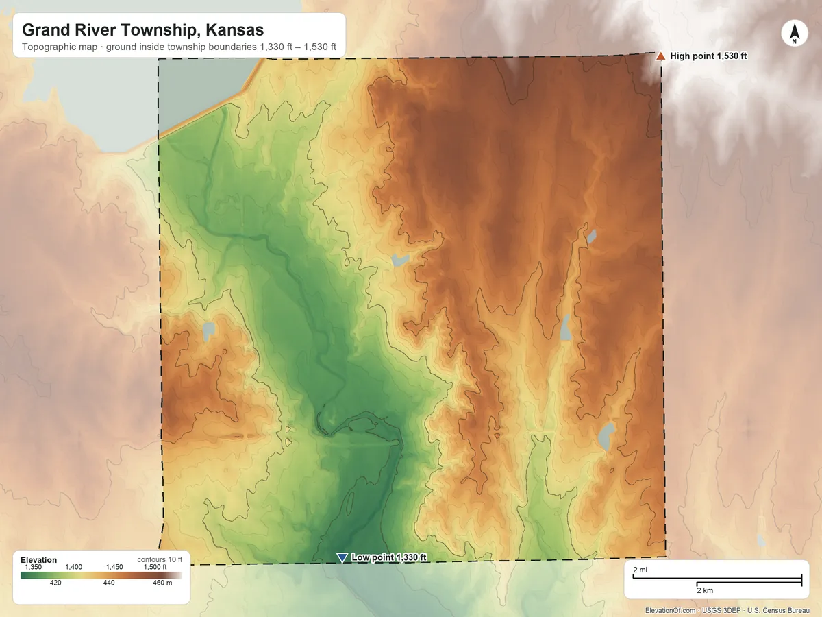 Topographic elevation map of Grand River Township, Kansas, shaded from 1,330 ft on the southwest side to 1,530 ft on the northeast side