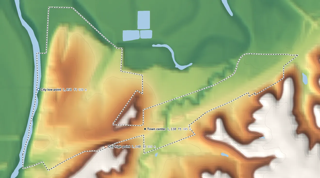 Topographic elevation map of Grandview Plaza, Kansas, shaded from 1,050 ft on the west side to 1,240 ft on the southwest side