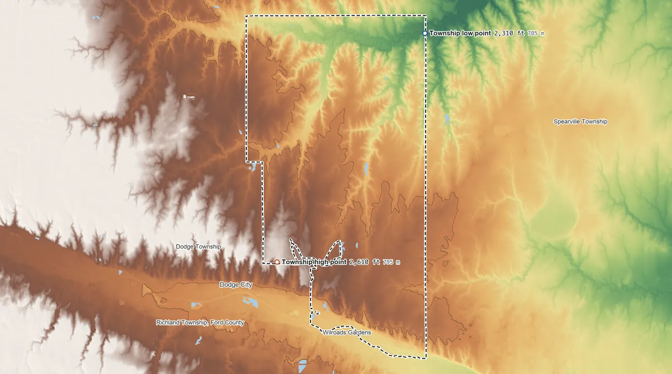 Topographic elevation map of Grandview Township, Kansas, shaded from 2,310 ft on the north side to 2,610 ft on the southwest side