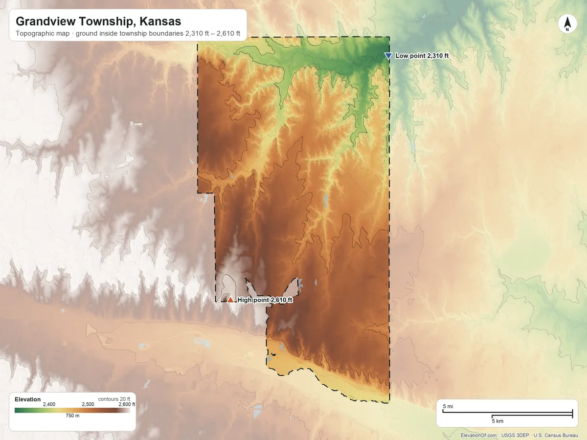 Topographic elevation map of Grandview Township, Kansas, shaded from 2,310 ft on the north side to 2,610 ft on the southwest side