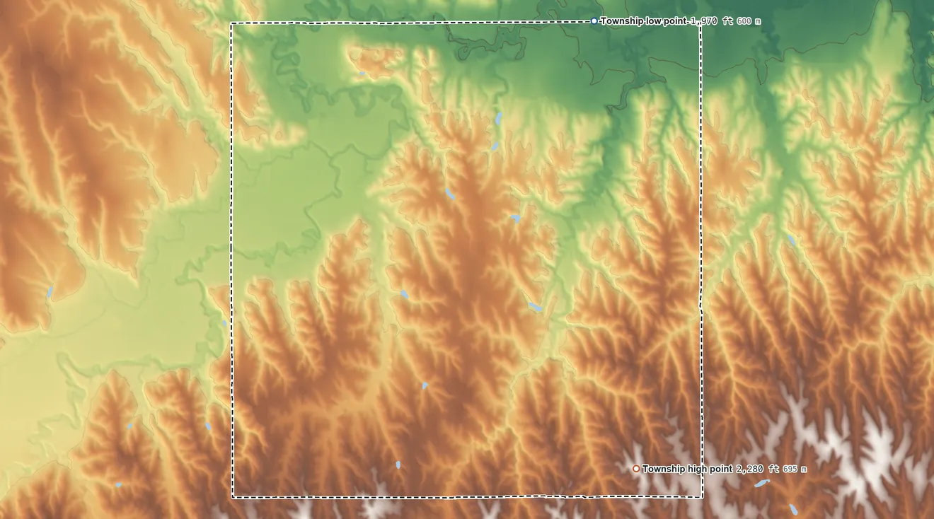 Topographic elevation map of Granite Township, Kansas, shaded from 1,970 ft on the north side to 2,280 ft on the south side