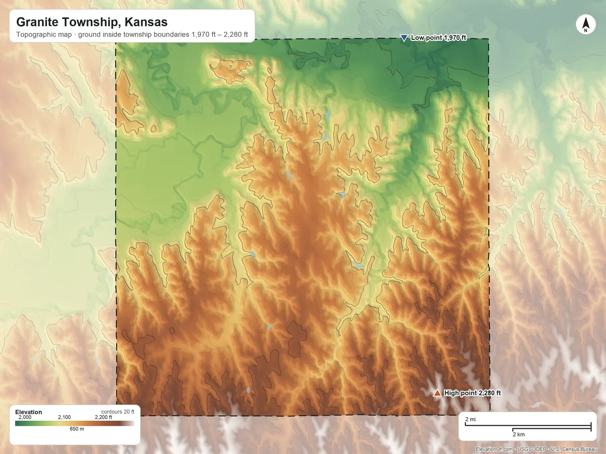 Topographic elevation map of Granite Township, Kansas, shaded from 1,970 ft on the north side to 2,280 ft on the south side