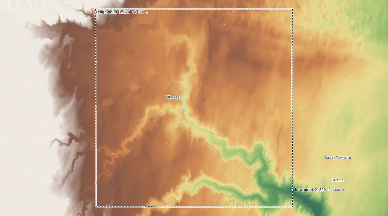 Topographic elevation map of Grant County, Kansas, shaded from 2,820 ft on the southeast side to 3,220 ft on the northwest side