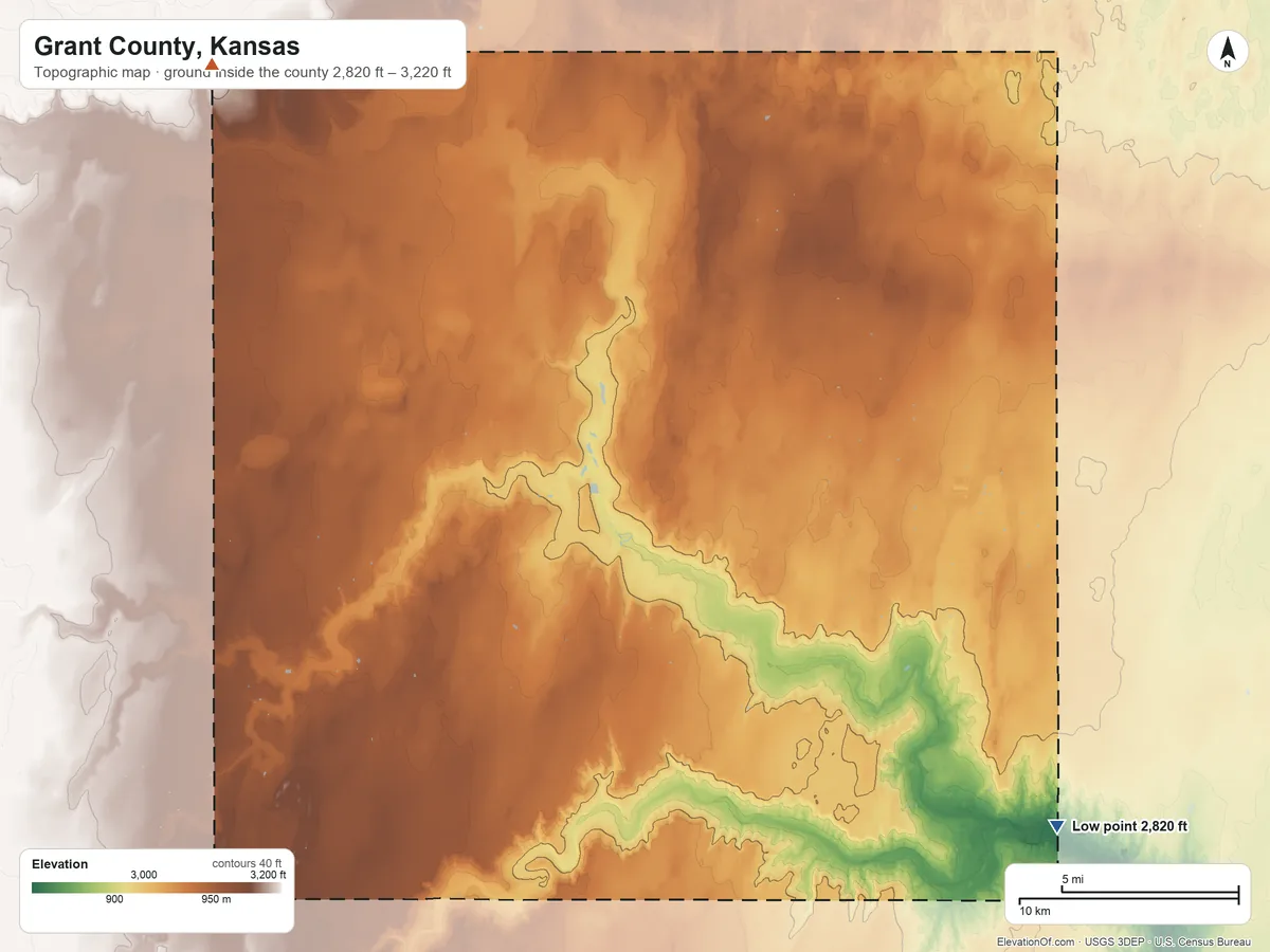 Topographic elevation map of Grant County, Kansas, shaded from 2,820 ft on the southeast side to 3,220 ft on the northwest side