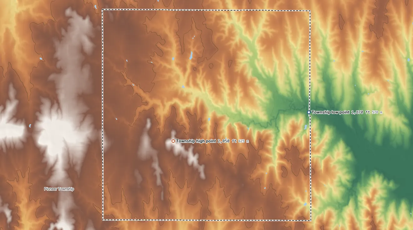 Topographic elevation map of Grant Township, Barton County, Kansas, shaded from 1,870 ft on the east side to 2,050 ft on the southwest side
