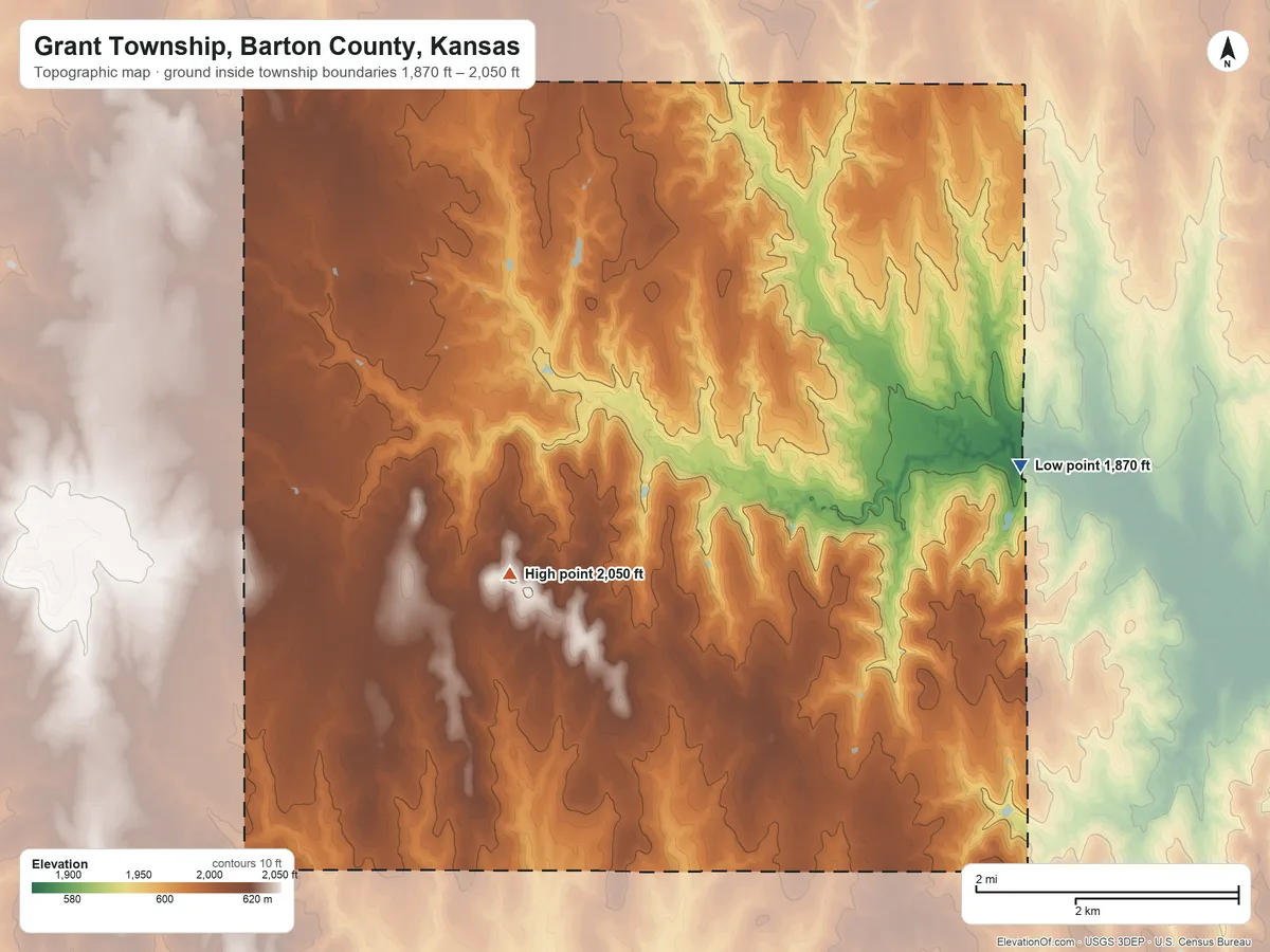 Topographic elevation map of Grant Township, Barton County, Kansas, shaded from 1,870 ft on the east side to 2,050 ft on the southwest side