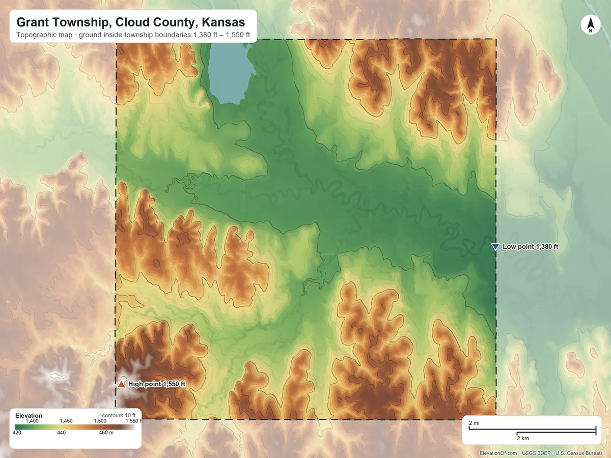 Topographic elevation map of Grant Township, Cloud County, Kansas, shaded from 1,380 ft on the east side to 1,550 ft on the southwest side
