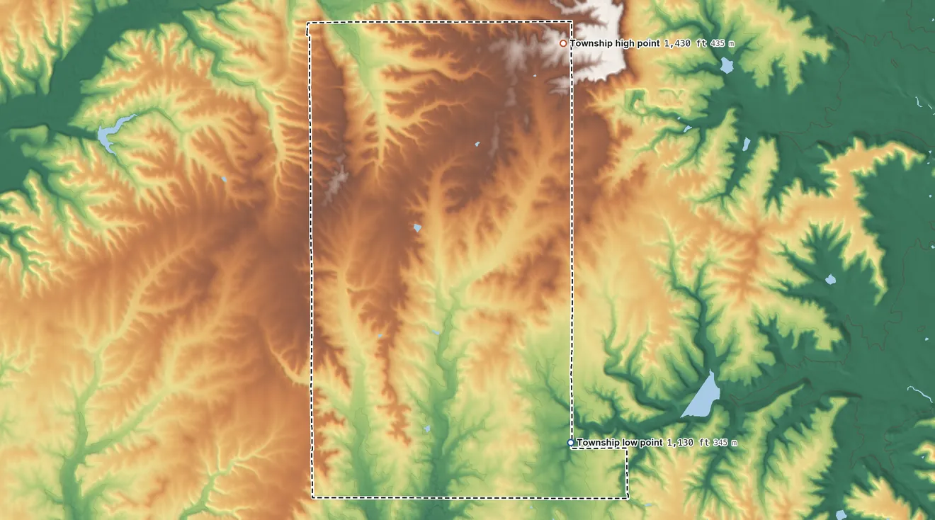 Topographic elevation map of Grant Township, Cowley County, Kansas, shaded from 1,130 ft on the southeast side to 1,430 ft on the northeast side