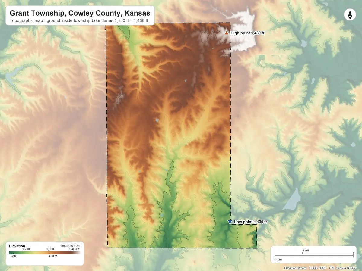 Topographic elevation map of Grant Township, Cowley County, Kansas, shaded from 1,130 ft on the southeast side to 1,430 ft on the northeast side