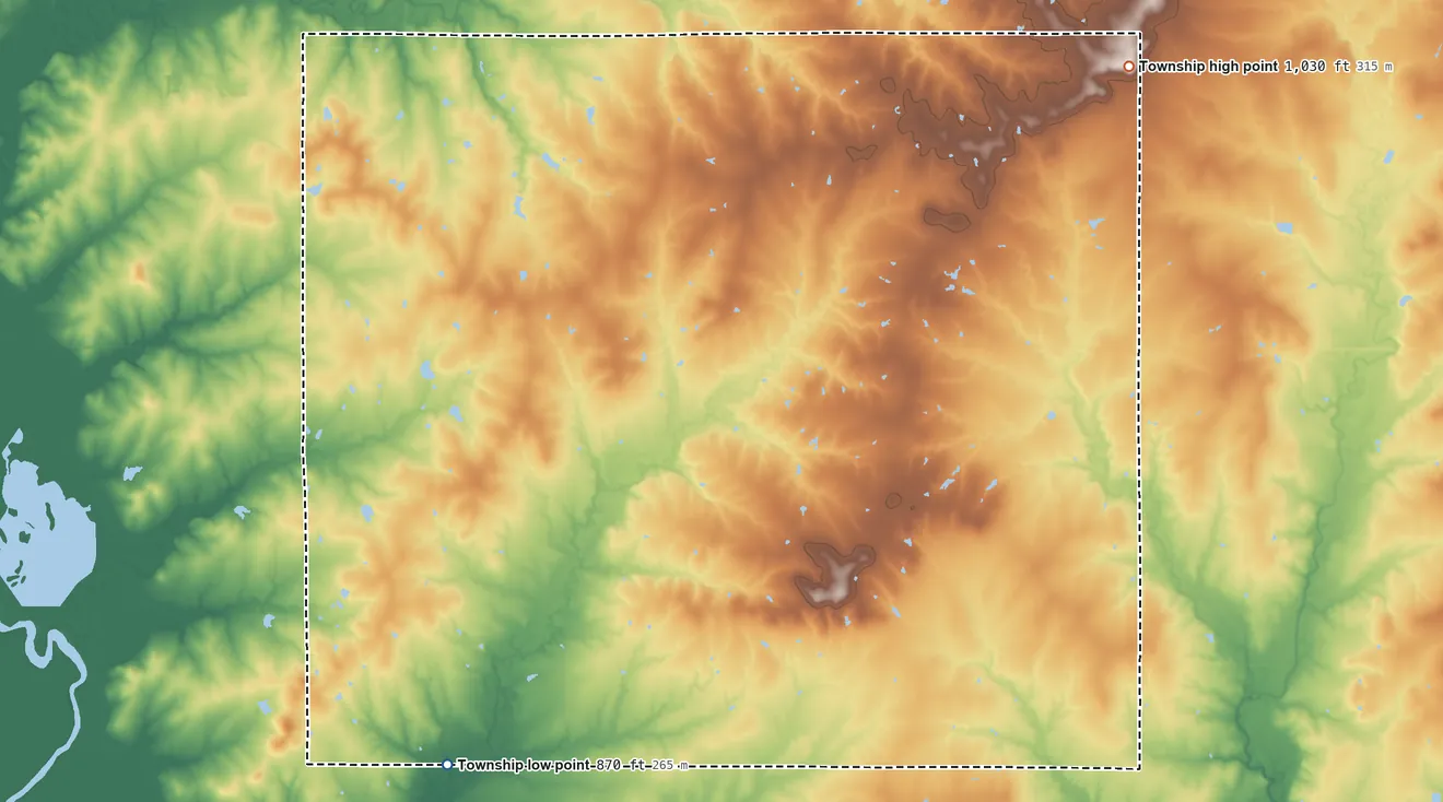 Topographic elevation map of Grant Township, Crawford County, Kansas, shaded from 870 ft on the southwest side to 1,030 ft on the northeast side