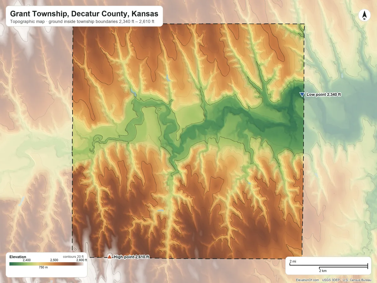 Topographic elevation map of Grant Township, Decatur County, Kansas, shaded from 2,340 ft on the east side to 2,610 ft on the southwest side
