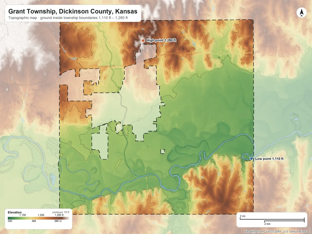 Topographic elevation map of Grant Township, Dickinson County, Kansas, shaded from 1,110 ft on the southeast side to 1,280 ft on the northeast side