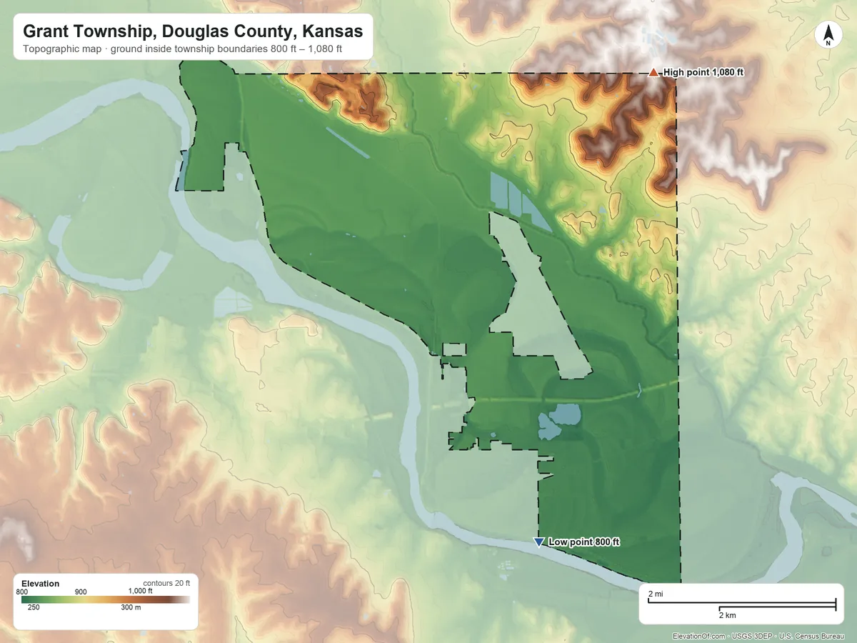 Topographic elevation map of Grant Township, Douglas County, Kansas, shaded from 800 ft on the south side to 1,080 ft on the northeast side