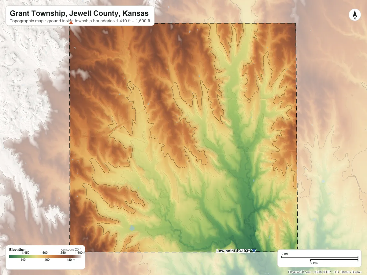Topographic elevation map of Grant Township, Jewell County, Kansas, shaded from 1,410 ft on the southeast side to 1,600 ft on the northwest side