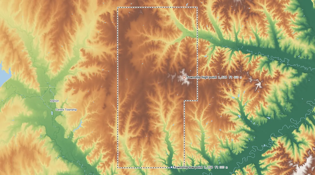 Topographic elevation map of Grant Township, Marion County, Kansas, shaded from 1,260 ft on the south side to 1,510 ft on the northeast side