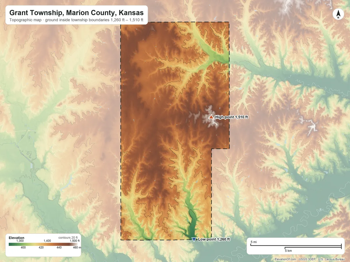 Topographic elevation map of Grant Township, Marion County, Kansas, shaded from 1,260 ft on the south side to 1,510 ft on the northeast side