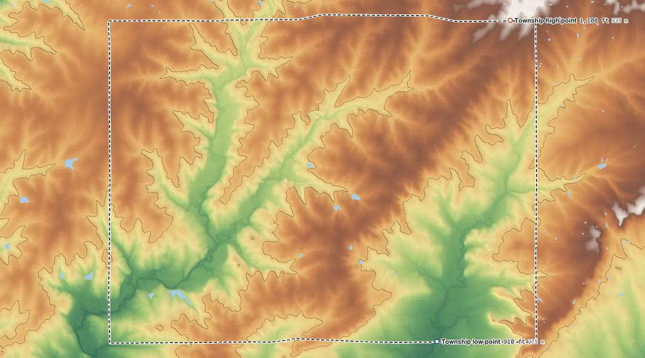 Topographic elevation map of Grant Township, Neosho County, Kansas, shaded from 910 ft on the southeast side to 1,100 ft on the northeast side
