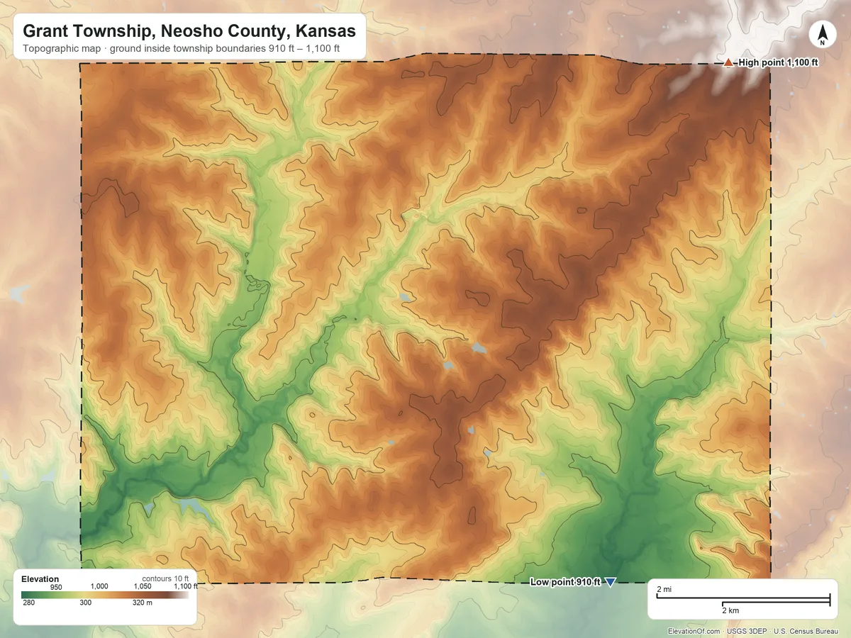 Topographic elevation map of Grant Township, Neosho County, Kansas, shaded from 910 ft on the southeast side to 1,100 ft on the northeast side