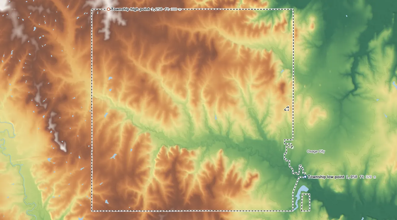 Topographic elevation map of Grant Township, Osage County, Kansas, shaded from 1,050 ft on the southeast side to 1,250 ft on the northwest side