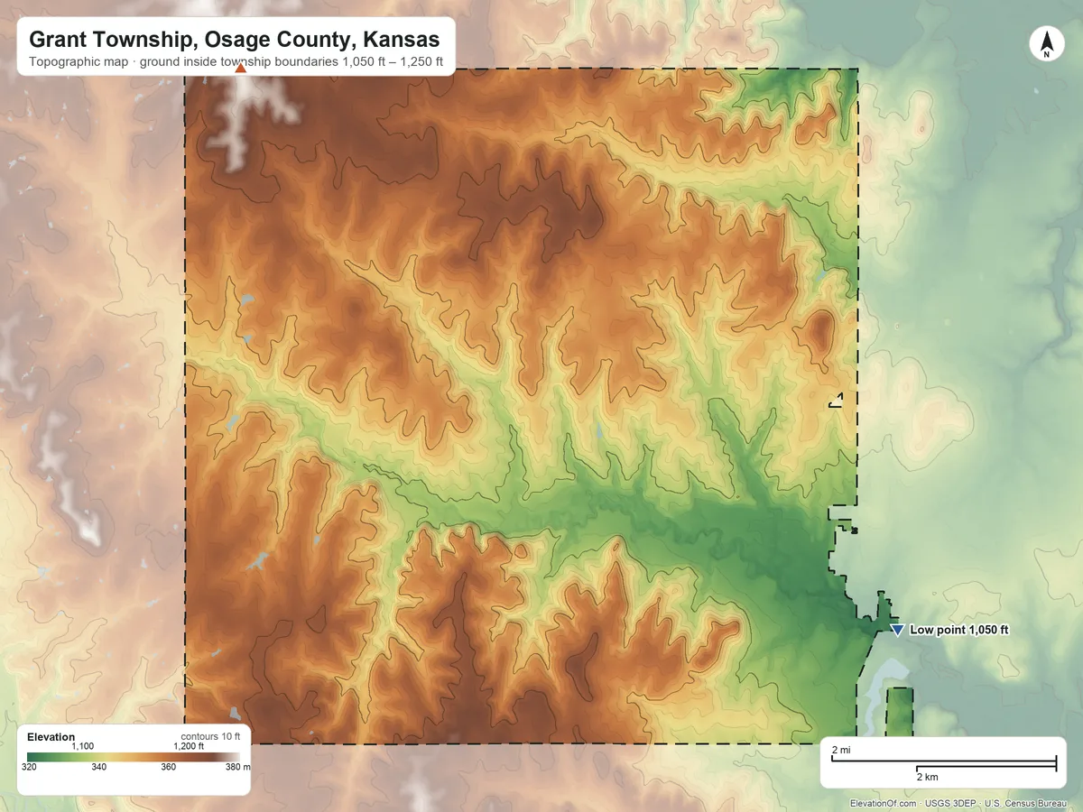 Topographic elevation map of Grant Township, Osage County, Kansas, shaded from 1,050 ft on the southeast side to 1,250 ft on the northwest side