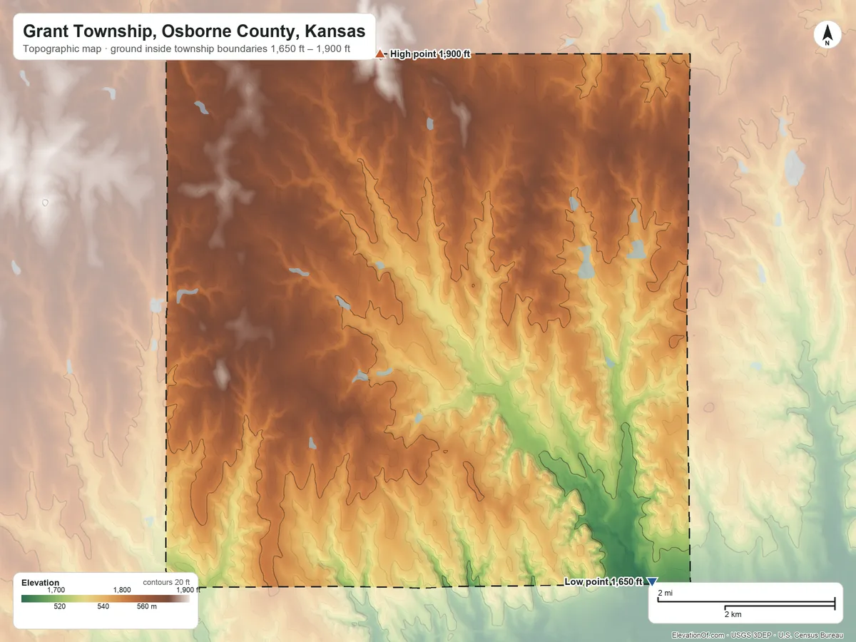 Topographic elevation map of Grant Township, Osborne County, Kansas, shaded from 1,650 ft on the southeast side to 1,900 ft on the north side