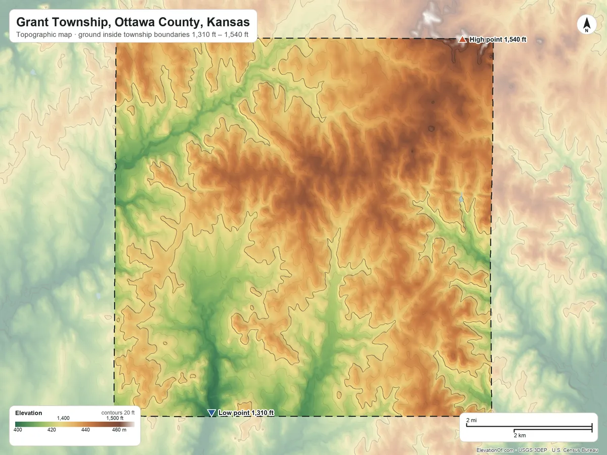 Topographic elevation map of Grant Township, Ottawa County, Kansas, shaded from 1,310 ft on the southwest side to 1,540 ft on the northeast side