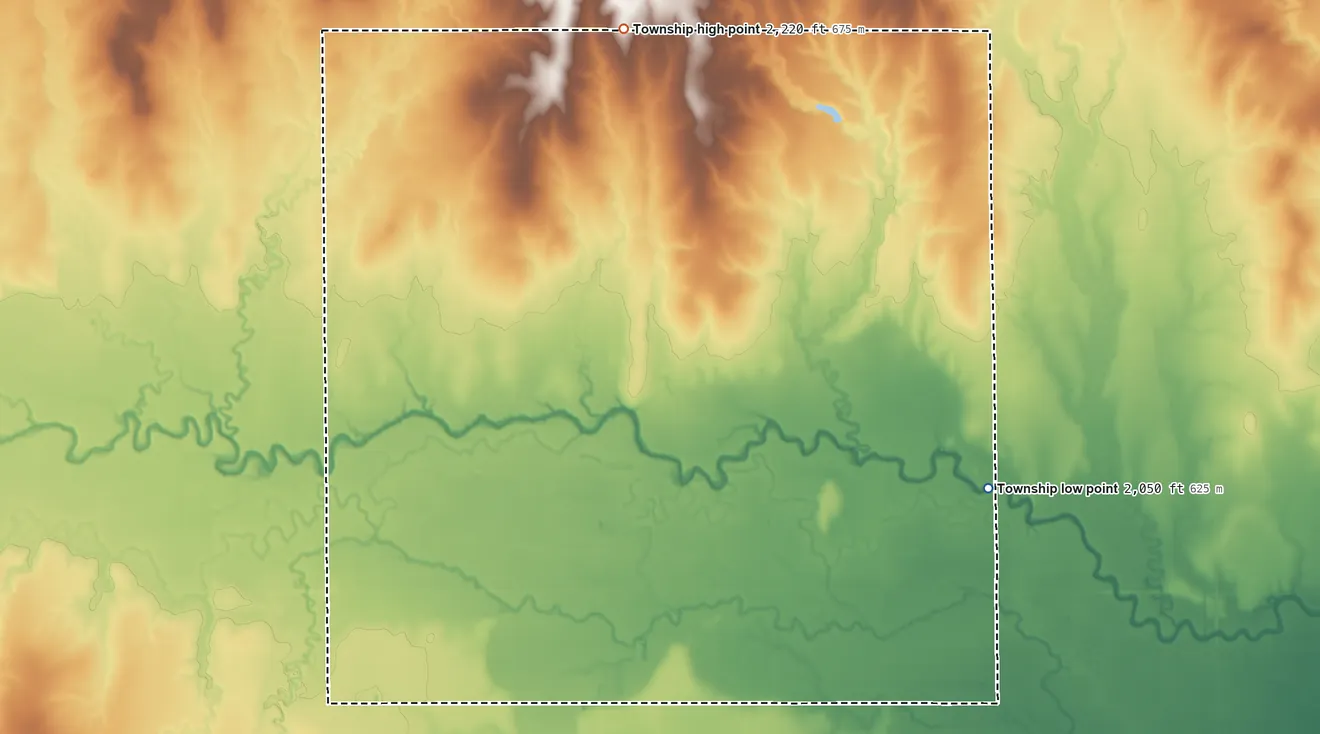 Topographic elevation map of Grant Township, Pawnee County, Kansas, shaded from 2,050 ft on the east side to 2,220 ft on the north side
