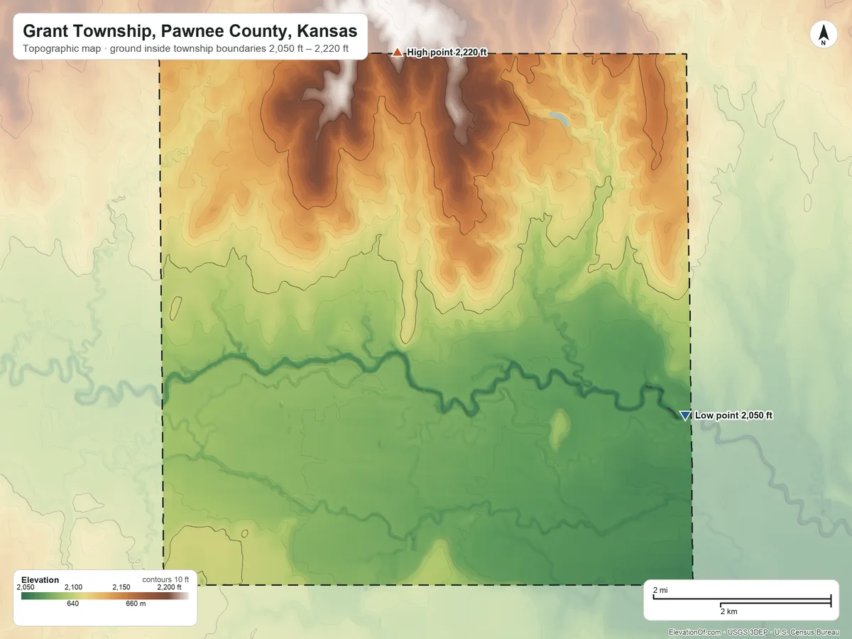 Topographic elevation map of Grant Township, Pawnee County, Kansas, shaded from 2,050 ft on the east side to 2,220 ft on the north side