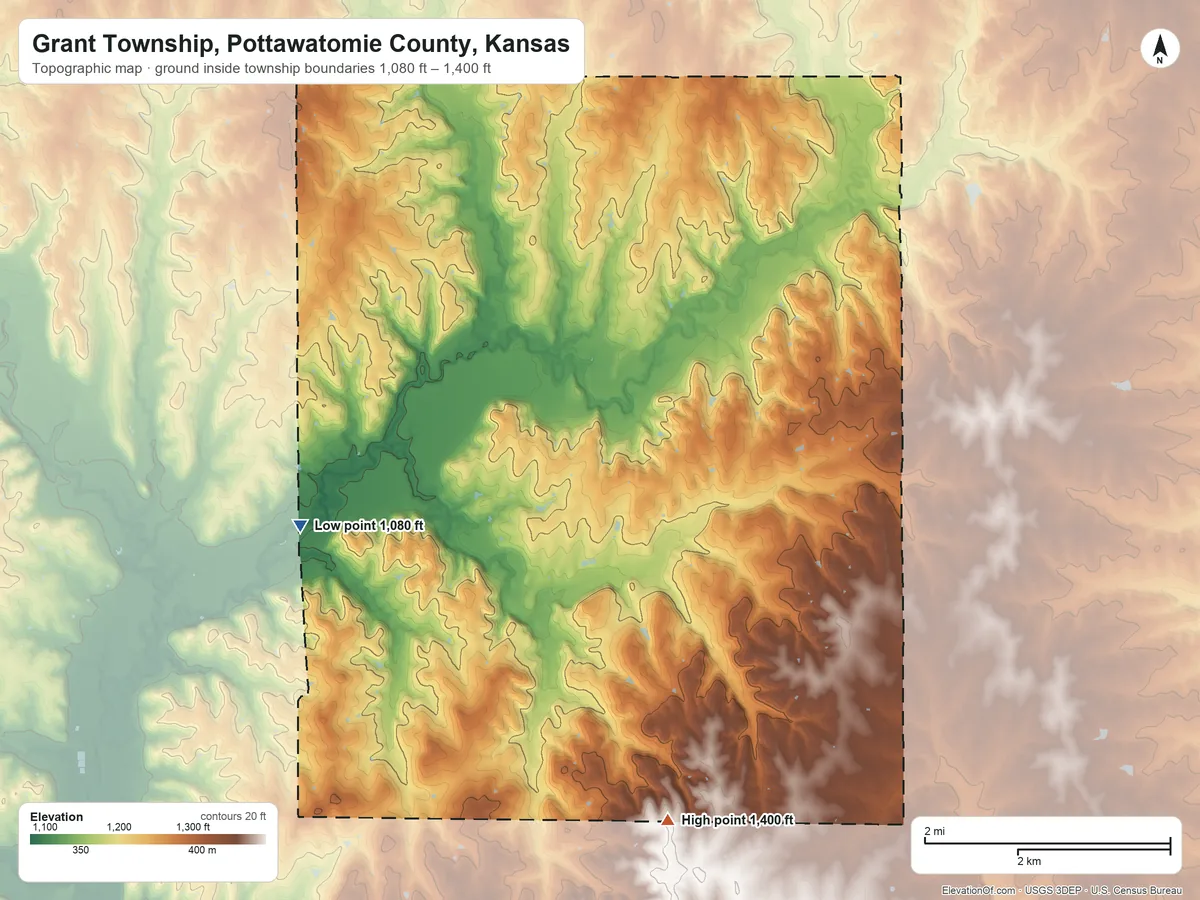 Topographic elevation map of Grant Township, Pottawatomie County, Kansas, shaded from 1,080 ft on the west side to 1,400 ft on the south side