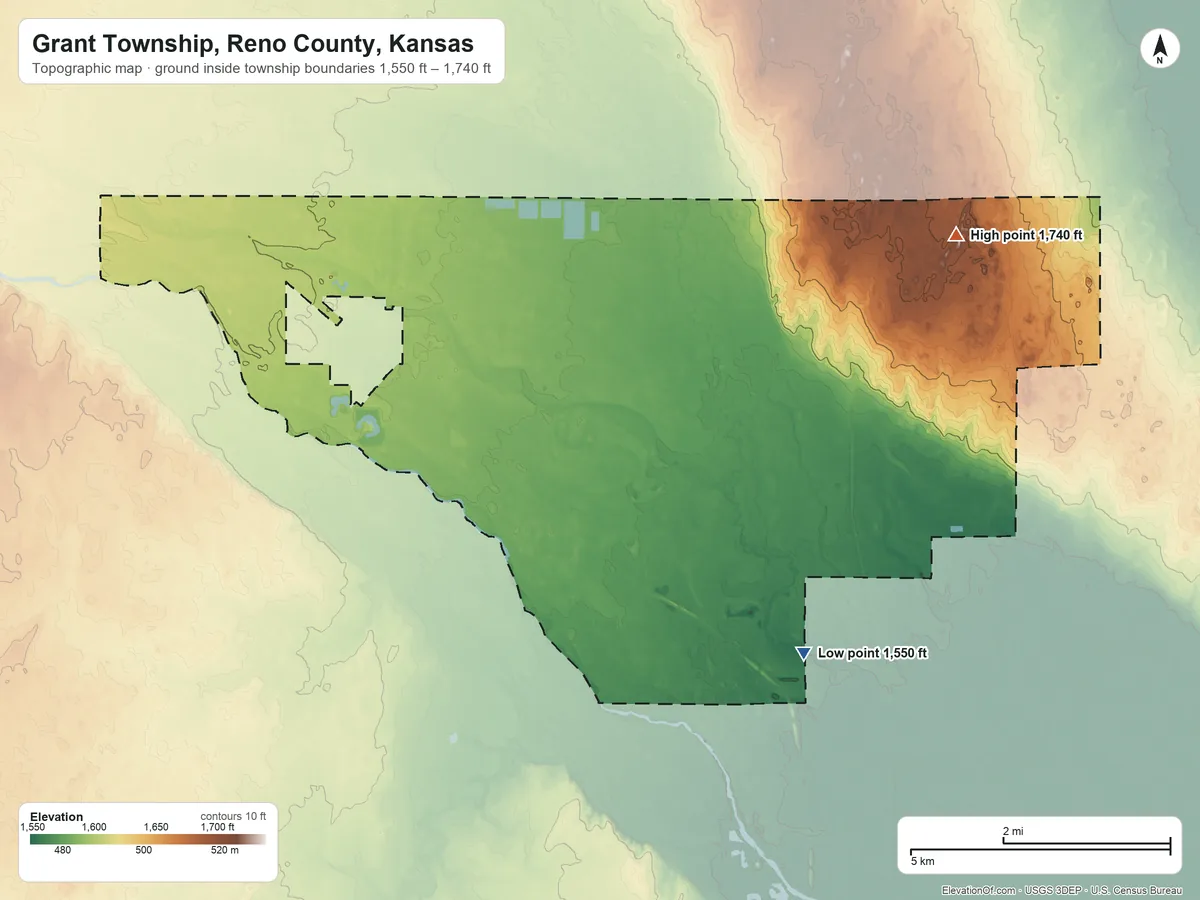 Topographic elevation map of Grant Township, Reno County, Kansas, shaded from 1,550 ft on the south side to 1,740 ft on the northeast side