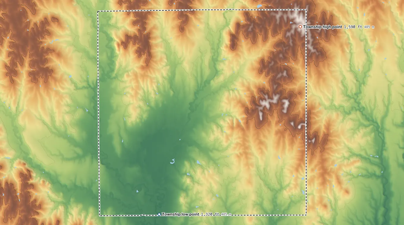 Topographic elevation map of Grant Township, Republic County, Kansas, shaded from 1,320 ft on the south side to 1,590 ft on the northeast side