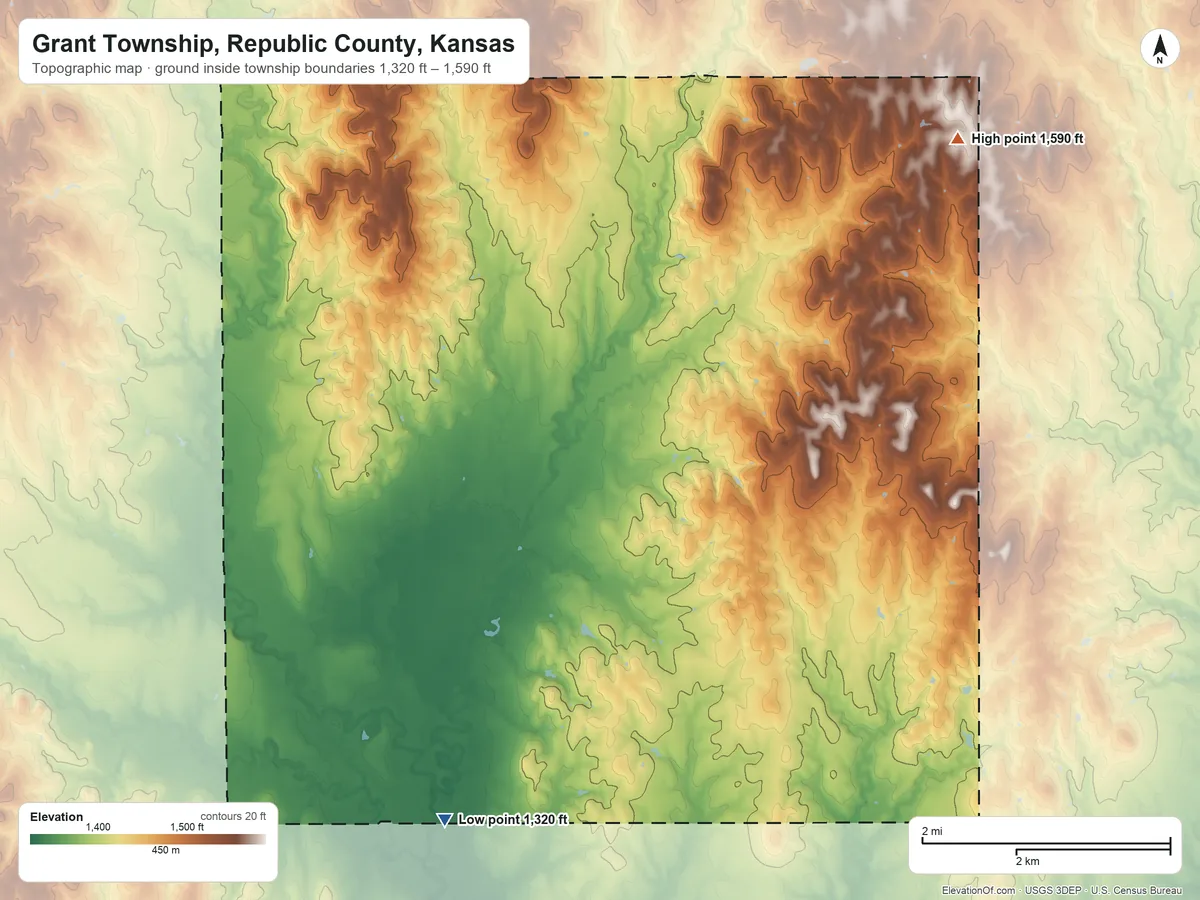 Topographic elevation map of Grant Township, Republic County, Kansas, shaded from 1,320 ft on the south side to 1,590 ft on the northeast side