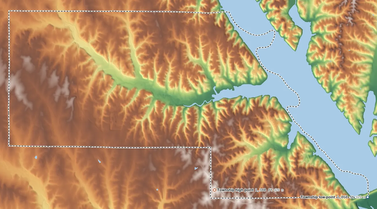 Topographic elevation map of Grant Township, Riley County, Kansas, shaded from 1,060 ft on the southeast side to 1,380 ft on the southwest side