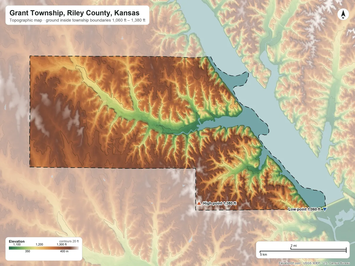 Topographic elevation map of Grant Township, Riley County, Kansas, shaded from 1,060 ft on the southeast side to 1,380 ft on the southwest side