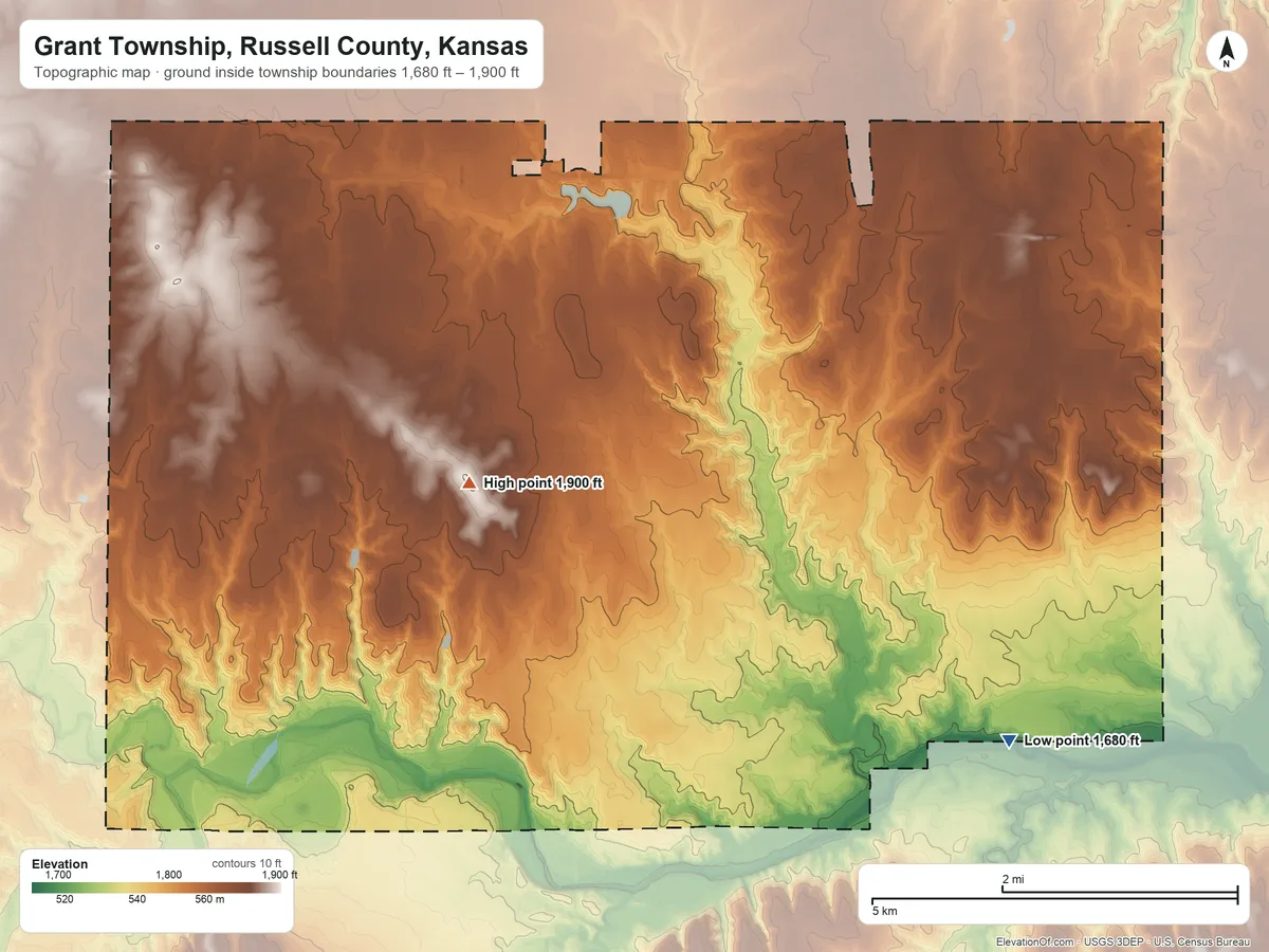 Topographic elevation map of Grant Township, Russell County, Kansas, shaded from 1,680 ft on the southeast side to 1,900 ft on the west side