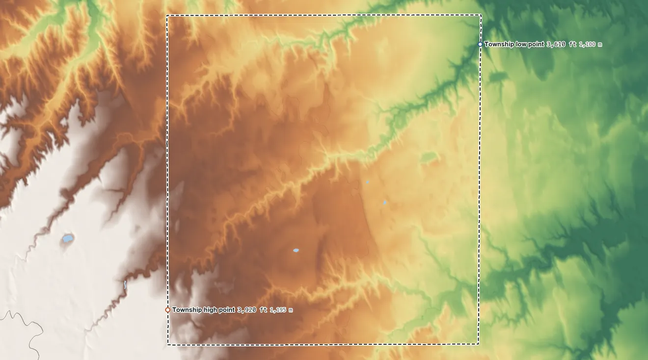 Topographic elevation map of Grant Township, Sherman County, Kansas, shaded from 3,610 ft on the northeast side to 3,920 ft on the southwest side