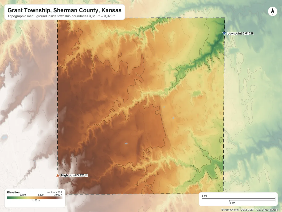 Topographic elevation map of Grant Township, Sherman County, Kansas, shaded from 3,610 ft on the northeast side to 3,920 ft on the southwest side